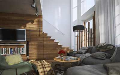 modern stylish interior design, two-storey apartments, living room, modern interior