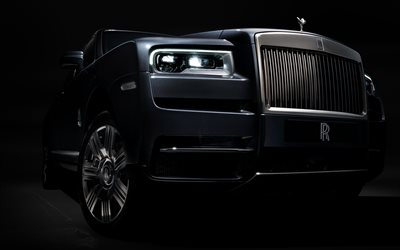 4k, Rolls-Royce Cullinan, pimeys, 2018 autoja, musta Cullinan, Katumaasturit, Rolls-Royce