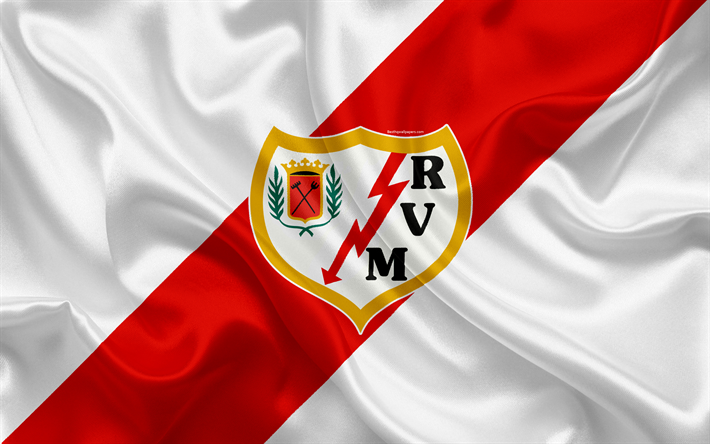 Rayo Vallecano, 4k, silk texture, Spanish football club, logo, emblem, white red flag, Segunda, Division B, LaLiga2, Madrid, Spain, football