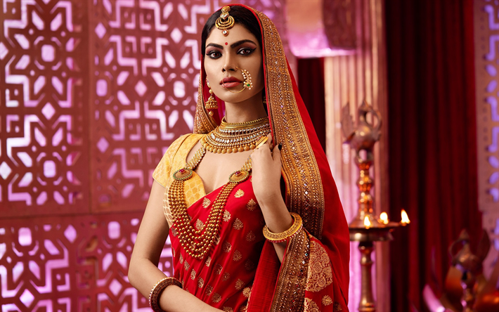 Lopamudra Raut, Indien, mod&#232;le de mode, Bollywood Indien sari rouge robe traditionnelle, l&#39;actrice Indienne