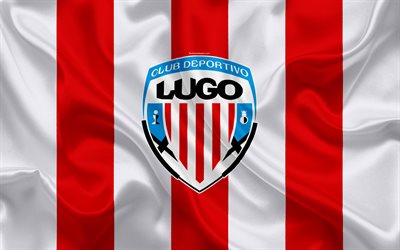 CD Lugo, 4k, silk texture, Spanish football club, logo, emblem, white red flag, Segunda, Division B, LaLiga2, Lugo, Spain, football