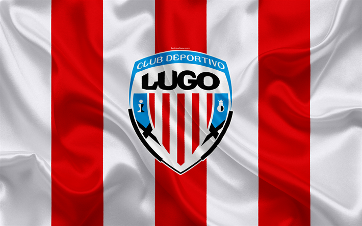 CD-Lugo, 4k, siden konsistens, Spansk fotbollsklubb, logotyp, emblem, vit r&#246;d flagg, Andra, Division B, LaLiga2, Lugo, Spanien, fotboll