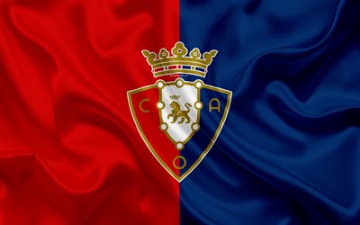 CA Osasuna, 4k, silk texture, Spanish football club, logo, emblem, blue red flag, Segunda, Division B, LaLiga2, Pamplona, Spain, football, Osasuna FC