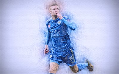 Jamie Vardy, 4k, opere d&#39;arte, stelle del calcio, il Leicester City, calcio, Vardy, Premier League, i calciatori, il disegno di Jamie Vardy, Leicester City FC