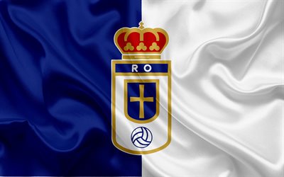 Real Oviedo, 4k, silk texture, Spanish football club, logo, emblem, blue white flag, Segunda, Division B, LaLiga2, Oviedo, Spain, football