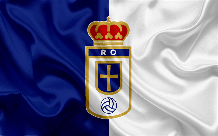 Il Real Oviedo, 4k, seta, texture, squadra di calcio spagnola, logo, stemma, blu, bianco, bandiera, Segunda Divisione B, LaLiga2, Oviedo, Spagna, calcio
