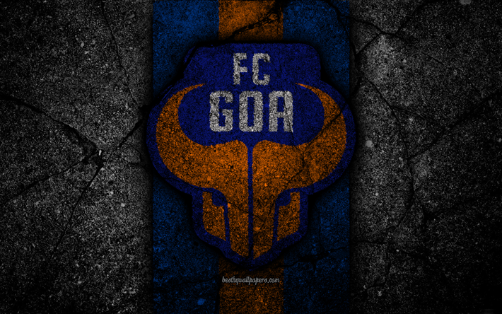 FC Goa, 4k, ISI, logo, Hindistan S&#252;per Ligi, siyah taş, Hindistan, Futbol Kul&#252;b&#252;, Goa, futbol, asfalt doku, Goa FC