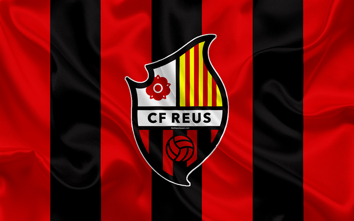 CF Reus Esportes, 4k, textura de seda, Clube de futebol espanhol, logo, emblema, preto vermelho da bandeira, Segunda, Divis&#227;o B, LaLiga2, Reus, Espanha, futebol