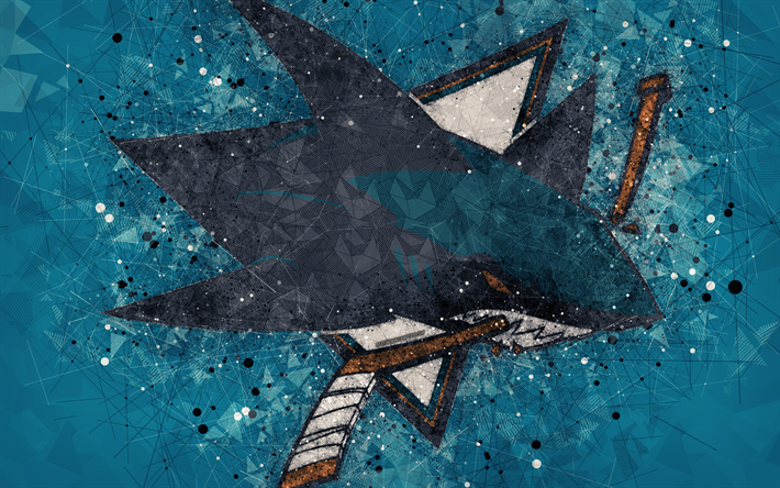 san jose sharks, 4k, american hockey club, kreative kunst -, logo -, kreativ-geometrische kunst, wappen, nhl, blau abstrakten hintergrund, san jose, california, usa, hockey, national hockey league