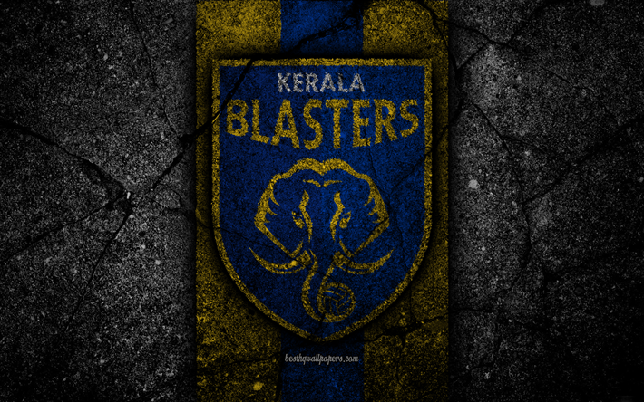 FC Kerala Blasters, 4k, ISL, logo, &#205;ndio Da Super Liga, pedra preta, &#205;ndia, clube de futebol, Kerala Blasters, futebol, a textura do asfalto, Kerala Blasters FC