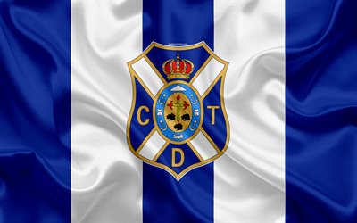 CD Tenerife, 4k, textura de seda, Clube de futebol espanhol, logo, emblema, azul bandeira branca, Segunda, Divis&#227;o B, LaLiga2, Santa Cruz de Tenerife, Espanha, futebol