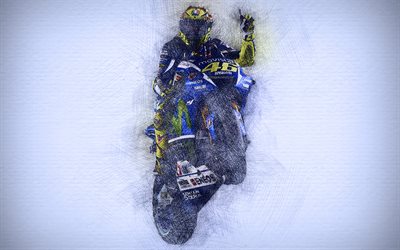 Valentino Rossi, artwork, 4k, MotoGP, 2018 bikes, Yamaha YZR-M1, MotoGP stars, drawing Rossi, Movistar Yamaha Team, Rossi
