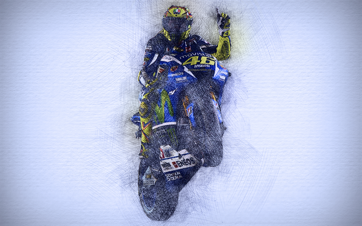 Valentino Rossi, œuvres d&#39;art, 4k, MotoGP, v&#233;los &#224;, 2018, la Yamaha yzr-M1 de MotoGP &#233;toiles, de dessin, de Rossi, Movistar team Yamaha, Rossi