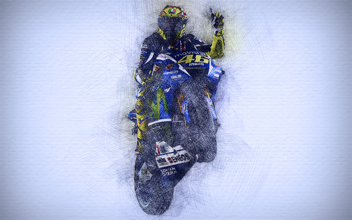 valentino rossi, grafik, 4k, motogp, fahrr&#228;der, 2018, der yamaha yzr-m1 motogp-stars, zeichnung, rossi, movistar yamaha team rossi