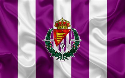 Real Valladolid CF, 4k, silk texture, Spanish football club, logo, emblem, purple white flag, Segunda, Division B, LaLiga2, Valladolid, Spain, football