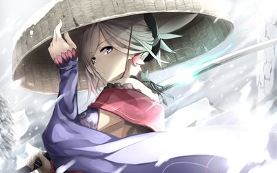 Miyamoto Musashi, 4k, kimono, manga, Fate Grand Order, katana, Saber, TYPE-MOON