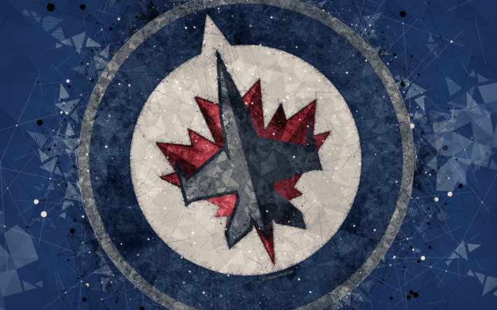 Winnipeg Jets, 4k, Canadense de h&#243;quei clube, arte criativa, logo, criativo arte geom&#233;trica, emblema, NHL, cinza resumo de plano de fundo, Winnipeg, Manitoba, Canada, EUA, h&#243;quei, Liga Nacional De H&#243;quei