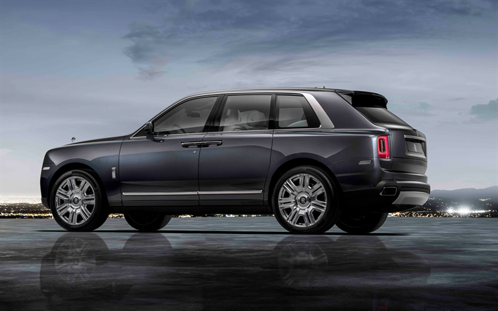 Rolls-Royce Cullinan, 2019, 4k, de lujo gris de los SUV, exterior, vista posterior, British SUV, Rolls-Royce