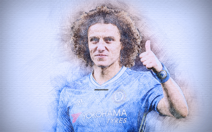 David Luiz, 4k, kuvitus, jalkapallo t&#228;hte&#228;, Chelsea, jalkapallo, Premier League, jalkapalloilijat, piirustus David Luiz, Chelsea FC