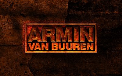 Armin van Buuren fiery logo, orange stone background, Armin van Buuren, creative, Armin van Buuren logo, brands, superstars