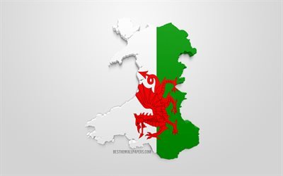 3d flag of Wales, map silhouette of Wales, 3d art, Wales 3d flag, Europe, Wales, geography, Wales 3d silhouette
