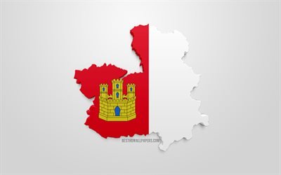 3d de la bandera de Castilla La Mancha, mapa de la silueta de Castilla-La Mancha, comunidad aut&#243;noma, arte 3d, Castilla La Mancha 3d de la bandera, Espa&#241;a, Europa, Castilla La Mancha, la geograf&#237;a, Castilla La Mancha 3d silueta