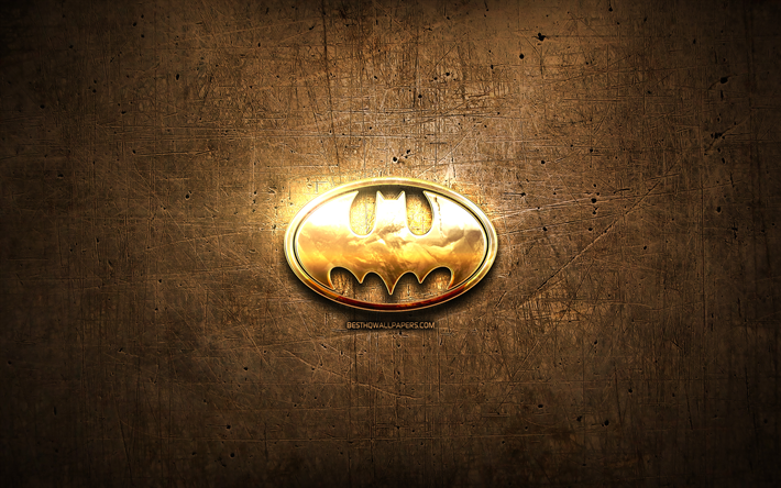 Batman golden logo, artwork, brown metal background, creative, Batman logo, superheroes, Batman
