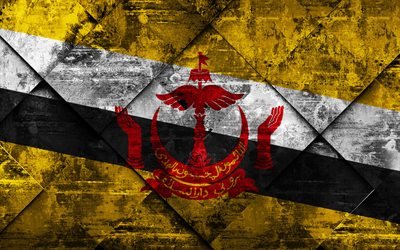 Bandeira de Brunei, 4k, grunge arte, rombo textura grunge, Brunei bandeira, &#193;sia, s&#237;mbolos nacionais, Brunei, arte criativa