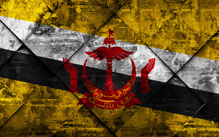 Flagga av Brunei, 4k, grunge konst, rhombus grunge textur, Brunei flagga, Asien, nationella symboler, Brunei, kreativ konst