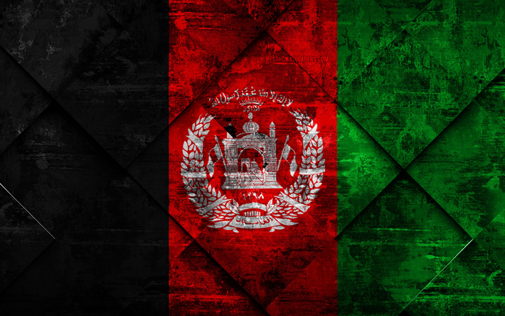Flagg i Afghanistan, 4k, grunge konst, rhombus grunge textur, Afghanistan flagga, Asien, nationella symboler, Afghanistan, kreativ konst