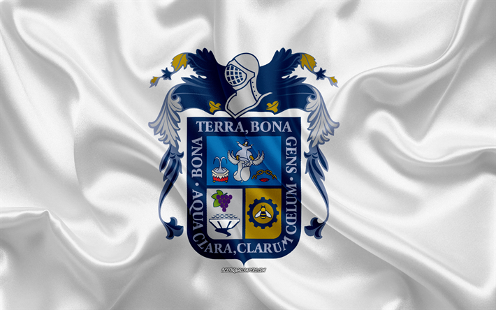 Bandeira de Aguascalientes, 4k, seda bandeira, Estado mexicano, Aguascalientes bandeira, bras&#227;o de armas, textura de seda, Aguascalientes, M&#233;xico
