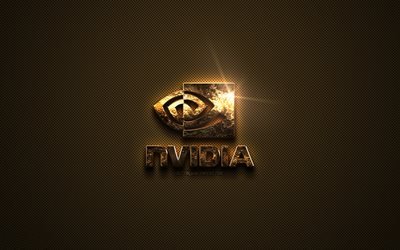 Nvidia gold logo, creative art, gold texture, brown carbon fiber texture, Nvidia gold emblem, Nvidia