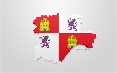 3d bandeira de Castela e Le&#227;o, mapa silhueta de Castela e Le&#227;o, comunidade aut&#244;noma, Arte 3d, Castela e Le&#227;o 3d bandeira, Espanha, Europa, Castela e Le&#227;o, geografia, Castela e Le&#227;o 3d silhueta
