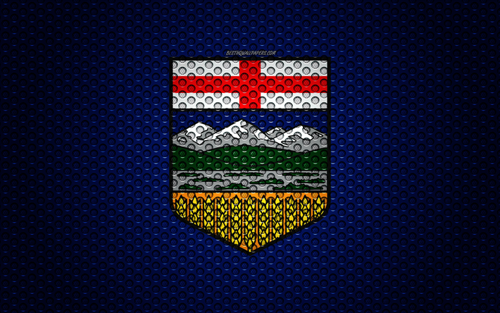 flagge von alberta, 4k -, kunst -, metall textur, alberta, fahne, national, symbol, provinzen von kanada, kanada, nordamerika