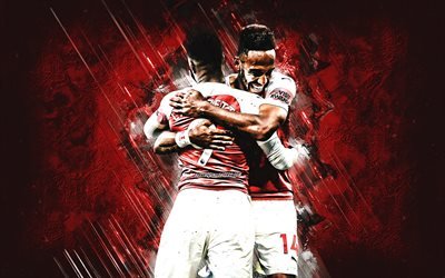 Pierre-Emerick Aubameyang, Alexandre Lacazette, Arsenal FC, London, England, Premier League, red stone background, football