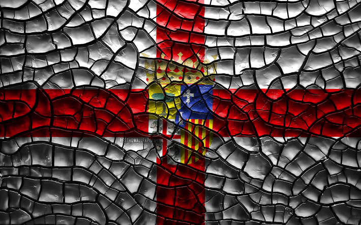 Bandiera di Saragozza, 4k, province spagnole, incrinato suolo, Spagna, Saragozza, bandiera, 3D, arte, Province di Spagna, i distretti amministrativi, Saragozza 3D, Europa