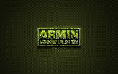 Armin van Buuren logo, vert logo creative, DJ hollandais, art floral logo, Armin van Buuren, embl&#232;me vert en fibre de carbone texture, art cr&#233;atif