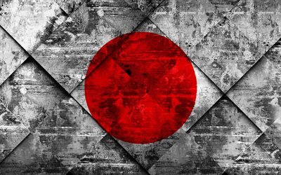 Lipun Japani, 4k, grunge art, rhombus grunge tekstuuri, Japanin lippu, Aasiassa, kansalliset symbolit, Japani, creative art