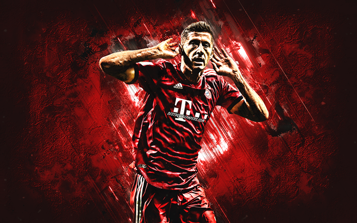 Robert Lewandowski, O Bayern de Munique FC, Polaco jogador de futebol, atacante, Bundesliga, pedra vermelha de fundo, futebol, Alemanha