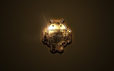 Android gold logo, creative art, gold texture, brown carbon fiber texture, Android gold emblem, Android