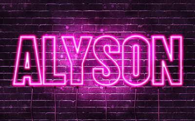 Alyson, 4k, wallpapers with names, female names, Alyson name, purple neon lights, Happy Birthday Alyson, picture with Alyson name