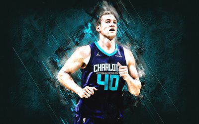 Cody Zeller, NBA, Charlotte Hornets, blue stone background, American Basketball Player, portrait, USA, basketball, Charlotte Hornets players