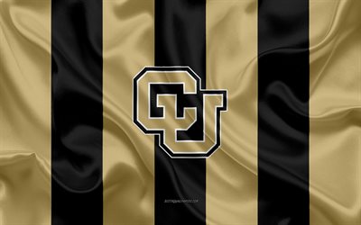 Colorado Buffaloes, American football team, emblem, silk flag, golden black silk texture, NCAA, Colorado Buffaloes logo, Boulder, Colorado, USA, American football
