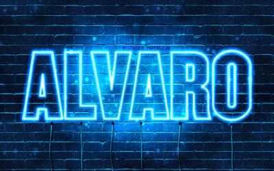 Alvaro, 4k, wallpapers with names, horizontal text, Alvaro name, Happy Birthday Alvaro, blue neon lights, picture with Alvaro name