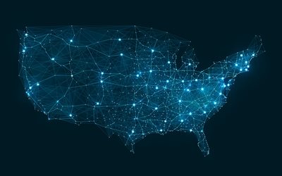 USA linjat kartta, MEILLE viestinn&#228;n kartta, neon blue lines, kartta linjat, moderni teknologia, USA, Amerikkalainen verkostoja, USA kartta, sosiaaliset verkostot YHDYSVALLOISSA