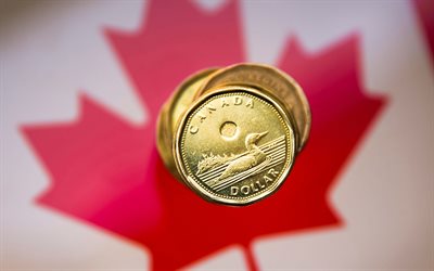 Canadian dollar, gold coin, canadian money, Canadian flag, finance concepts, coin, Canada, Flag of Canada