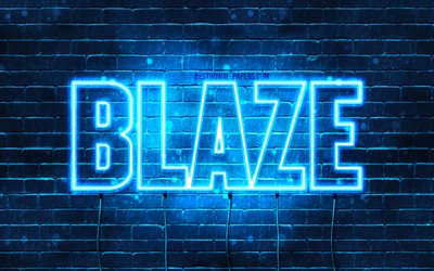 Blaze, 4k, les papiers peints avec les noms, le texte horizontal, Blaze nom, Joyeux Anniversaire Blaze, bleu n&#233;on, une photo avec le nom de Blaze