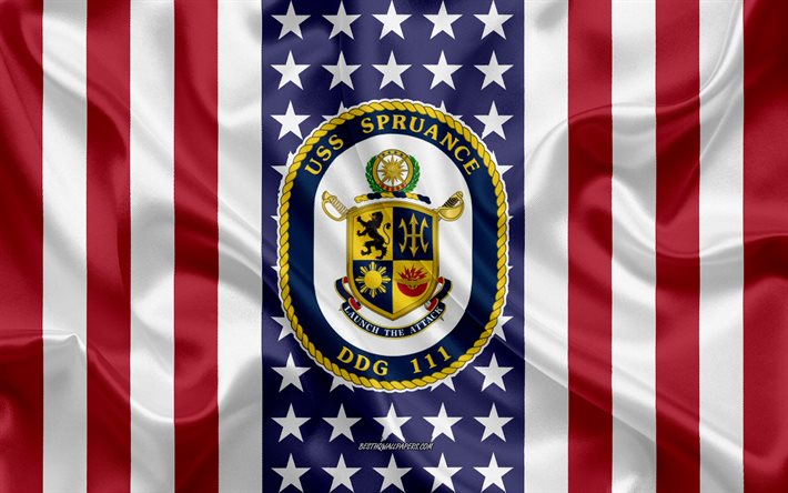 uss spruance-emblem, ddg-111, american flag, us-navy, usa, uss spruance-abzeichen, us-kriegsschiff, wappen der uss spruance