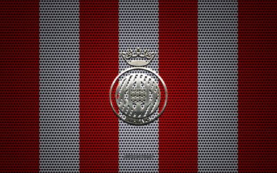 Girona FC logo, club de football espagnol, embl&#232;me m&#233;tallique, rouge et blanc maille en m&#233;tal d&#39;arri&#232;re-plan, Girona FC, Segunda, G&#233;rone, Espagne, football