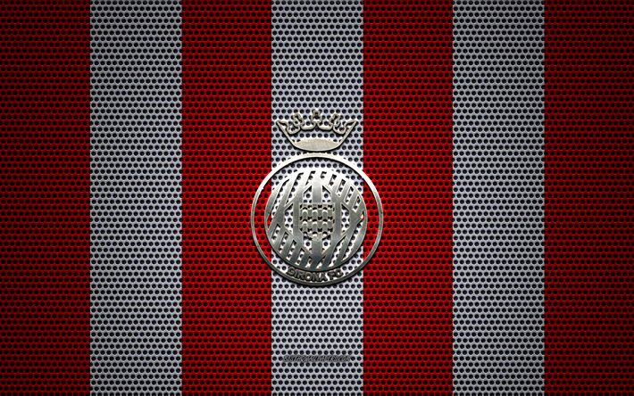ジローナFCロゴ, スペインサッカークラブ, 金属エンブレム, 赤と白の金属メッシュの背景, ジローナFC, 第, ジローナ, スペイン, サッカー